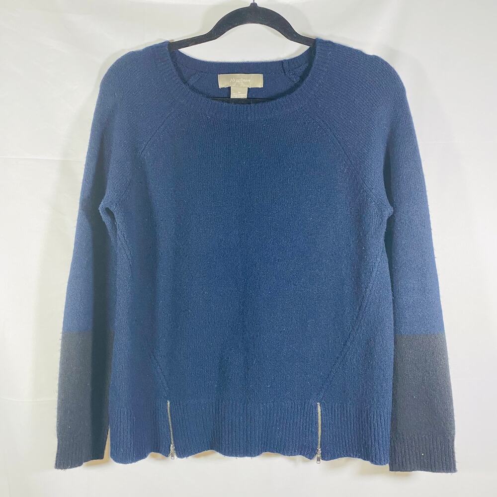 Ply Cashmere Navy Black Color Block Pullover Sweater Zipper Detail Medium
